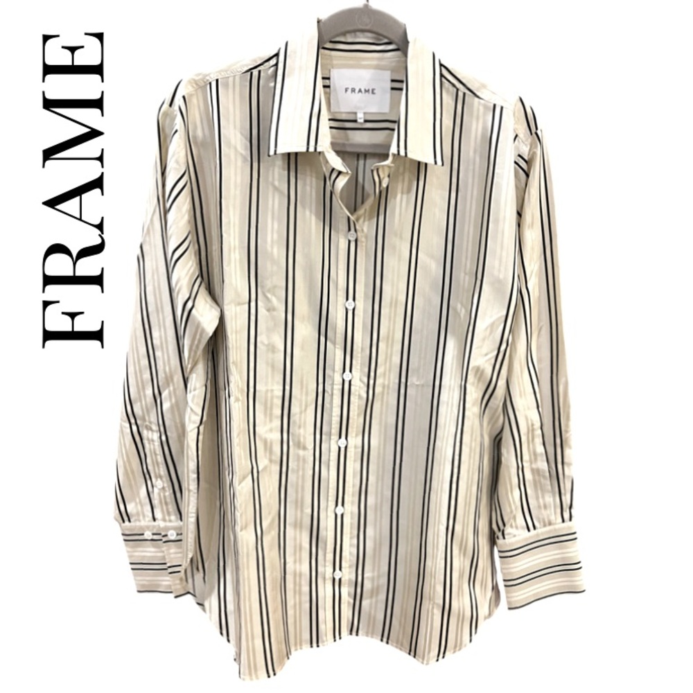 Frame Denim Black and White Striped Button Down Shirt 100% Silk